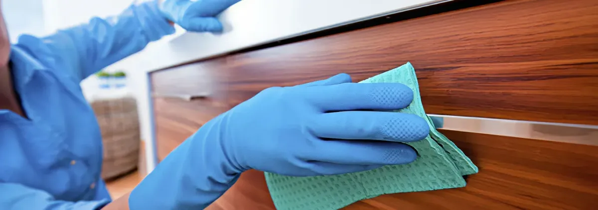 Cleaner wearing blue gloves wiping a wooden cabinet drawer with a microfiber cloth for dust and grime removal, Cincinnati, OH.
